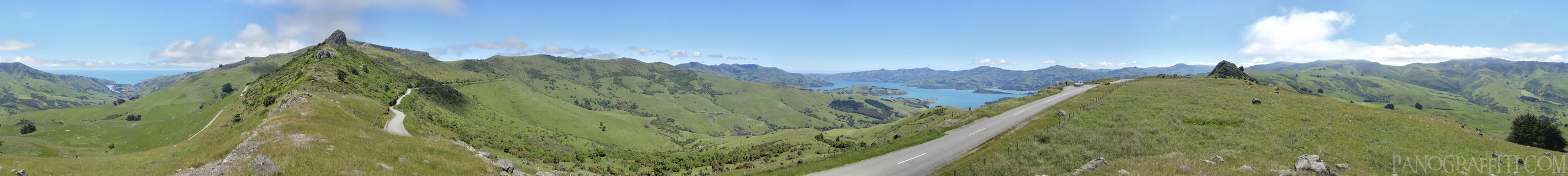 Banks Peninsula from Summit Road - A view of both the Akaroa Harbour and Pacific Ocean is possible from the top of Summit Road.  This 360 degree view is rendered in HDR from bracketed shots.