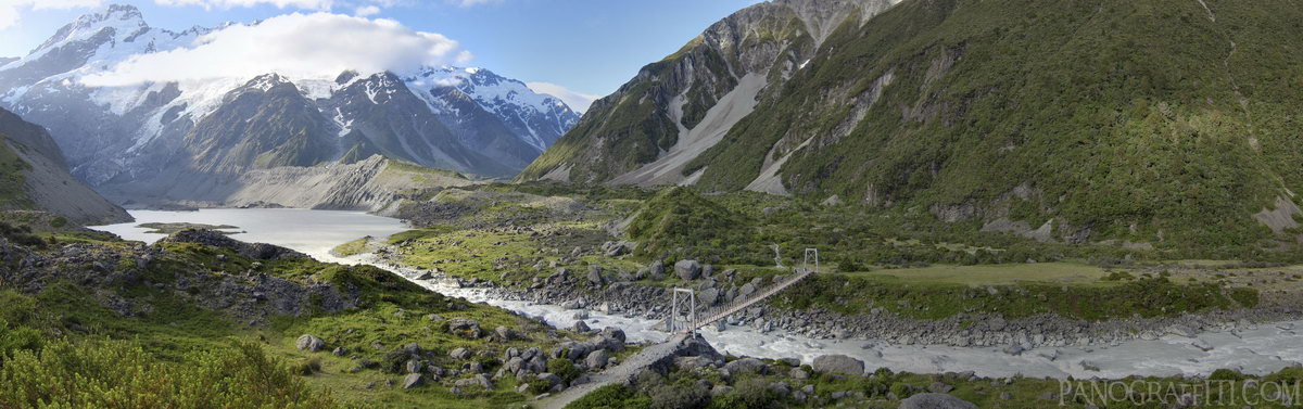 Bridge in Hooker Valley with Mount Sefton and Mueller Glacier HD - Stitched Panorama