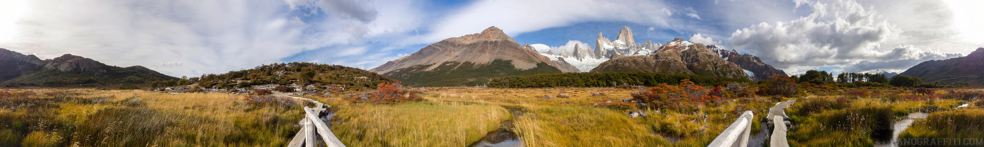Crossing the Plains near Fitz Roy - From the center of a foot bridge, the watery plains can be seen surrounding you