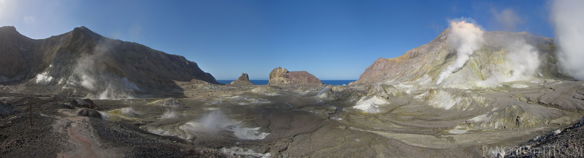 Whakaari Venting - From the center of the island you can see a number of vents each releasing sulfur fumes.  This landscape is constantly evolving with vents opening and closing over time.