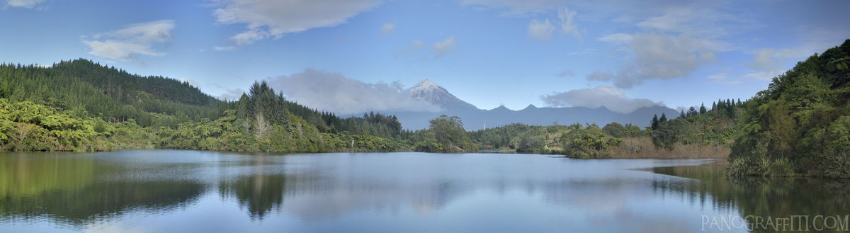 Mount Taranaki Reflected on Lake Mangamahoe - The north face of Taranaki from a lookout point on at the end of Lake Mangamahoe