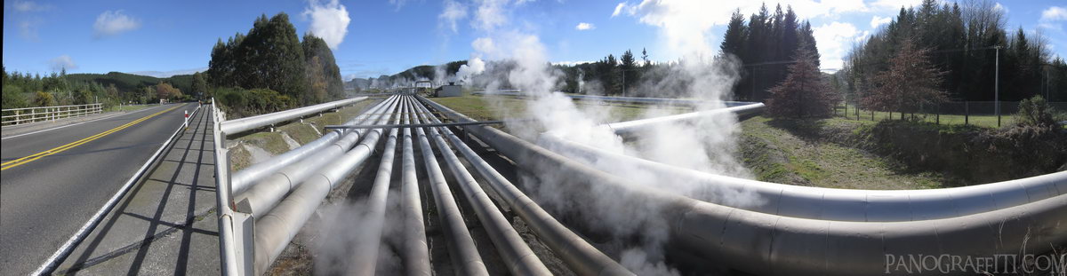Bridge over Rotokawa Geothermal Power Station - A complex network of pipes move steam and water around this geothermal powerstation near Taupo
