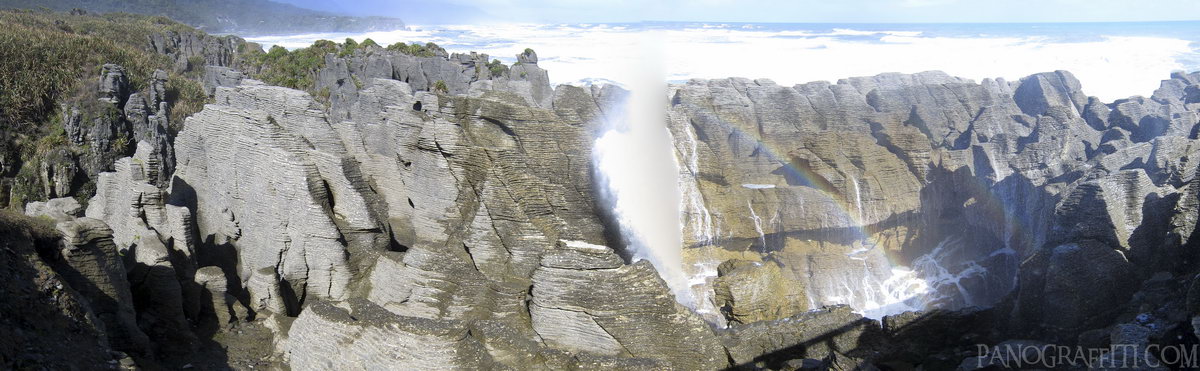 Double Rainbow At The Pancake Rocks - Two rainbows in the blowhole at Dolomite Point