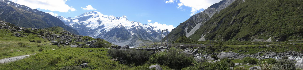 Mount Sefton and a Bridge over Hooker River - Stitched Panorama