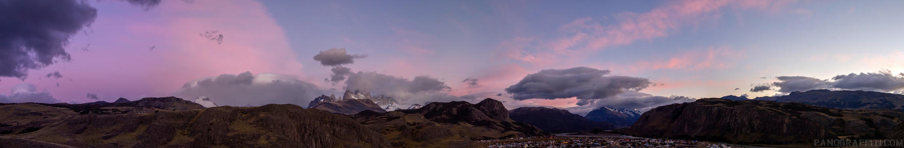 Dawn Sky Above El Chalten - An early morning view of Fitz Roy nestled behind El Chalten from a lookout behind the visitor center